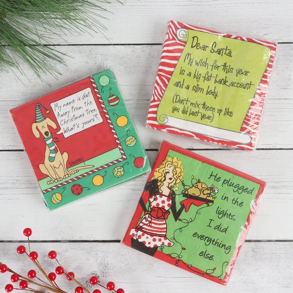 60 Funny Holiday Dessert Napkins - Set of Three Designs - 5 in Square
